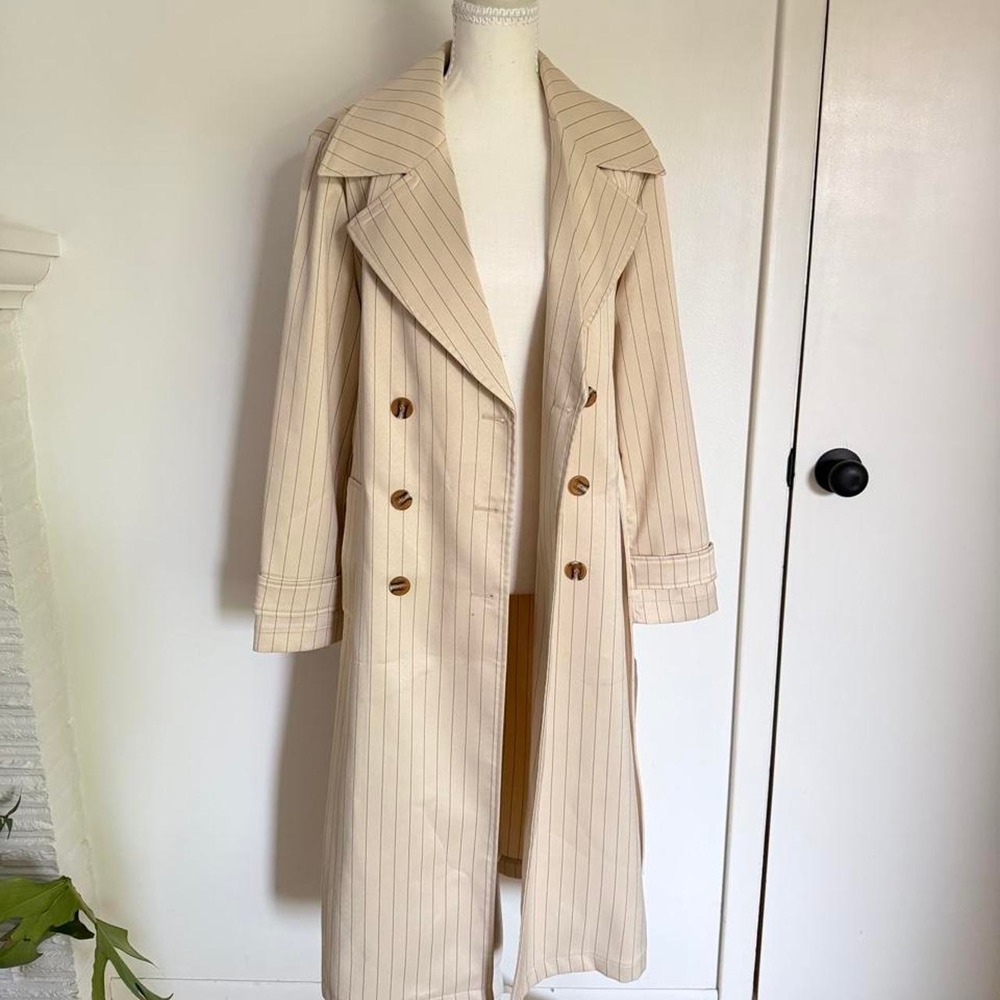 Bagatelle Collection cream pinstripe trench coat with vertical stripes workwear